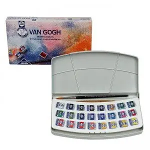 Caja acuarelas Van Gogh, 24 1/2 godets y pincel Alta Calidad