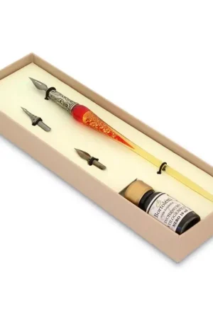 Popular Set de escritura con pluma de Murano rojo y oro Bortoletti