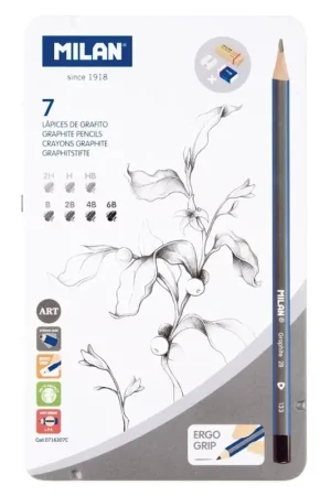 Caja metálica 7 lápices de grafito + accesorios Milan Mejor Calidad