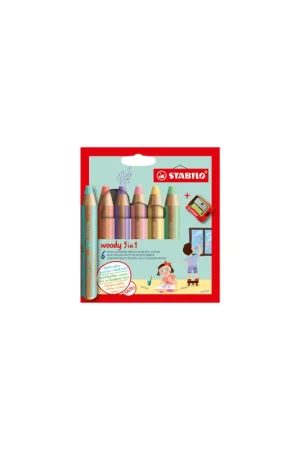 ESTUCHE 6 LAPICES + SACAPUNTAS WOODY 3 COLORES EN 1 TONOS PASTEL STABILO 8806-3 De Moda