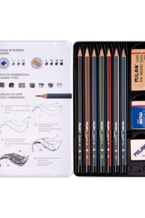 Venta Final SET LAPICEROS GRAFITO MILAN (2H, H, HB, B, 2B, 4B y 6B) + 1 goma The Master Gum + goma 2424+ 1 sacapuntas AFILA