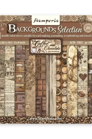 PAPEL SCRAP STAMPERIA BLOC 20x20 COFFEE AND CHOCOLATE BACKGROUNDS 10 H 2 CARAS Mejor Calidad