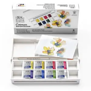Económico Caja acuarelas de bolsillo Winsor and Newton Cotman, 8 1/2 godets (capacidad 12) y pincel, Floral