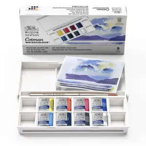 Popular Caja acuarelas de bolsillo Winsor and Newton Cotman, 8 1/2 godets (capacidad 12) y pincel, Cielos