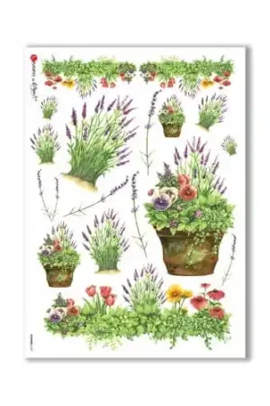 Novedad PAPEL ARROZ PAPERDESIGNS A3 LAVANDA Y MACETAS