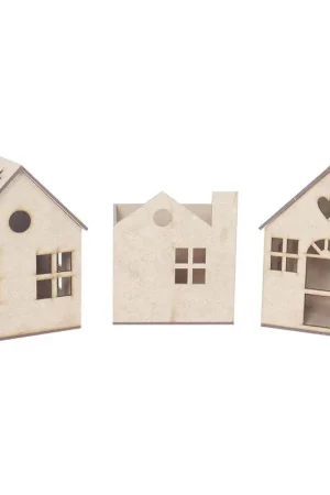 CASITAS DE MADERA CALADAS PARA FAROL O MACETERO SET 3 Envío Internacional