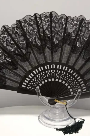 ABANICO MADERA CON ENCAJE Y PUNTILLA NEGRO Mayoreo