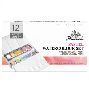 Auténtico Caja acuarelas de metal Phoenix, 12 1/2 godets, colores pastel