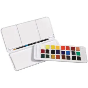 Certificado Caja acuarelas de viaje Daler Rowney Aquafine , 24 medios godets + pincel