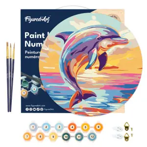 Pintar por números kit en Madera Redondo "Delfín", 30 cm de diámetro, Figured'Art Certificado