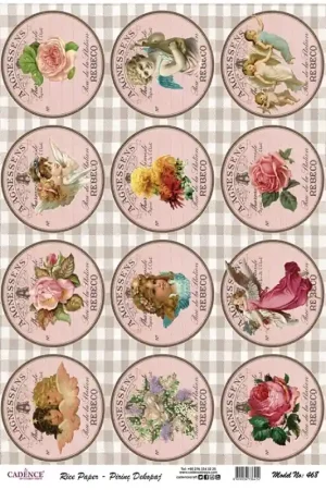 PAPEL ARROZ CADENCE Nº468 ETIQUETAS ROSAS ÁNGELES 30x41 Tendencia