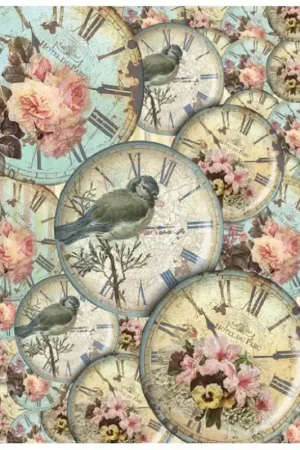 PAPEL DE ARROZ CADENCE RELOJES, PÁJAROS Y FLORES 30x41 CM Envío Internacional
